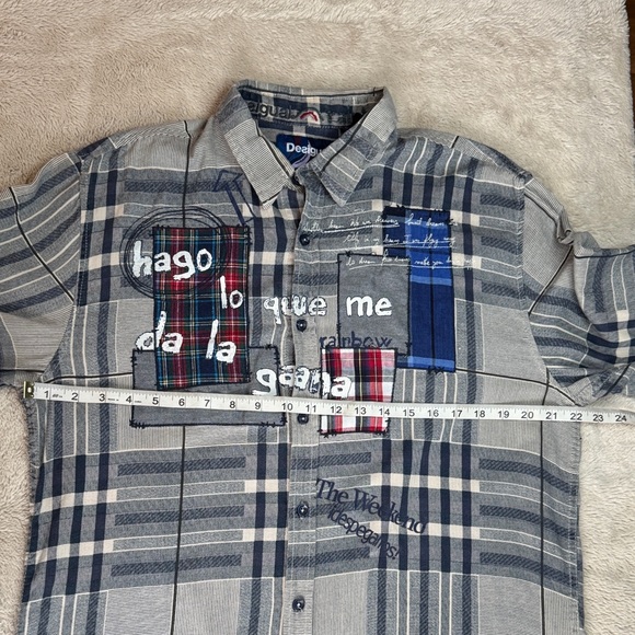 Desigual Rainbow Grey Plaid Patchwork Button-Down Shirt Graffiti Accents sz XL - Picture 6 of 13